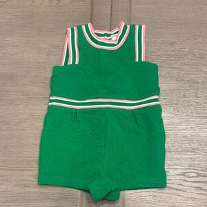 Green Sleeveless Romper with Pink and White Stripes and floral fabric